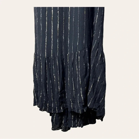 0408. MODCLOTH WRAP DRESS MAXI LENGTH BLACK WITH GOLD/SILVER IN COLOR STRIPES - Picture 7 of 15